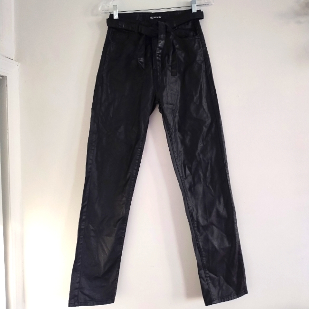 Pretty Little Thing Black Faux Leather Straight High Waist Leg Pants w/ Ties
